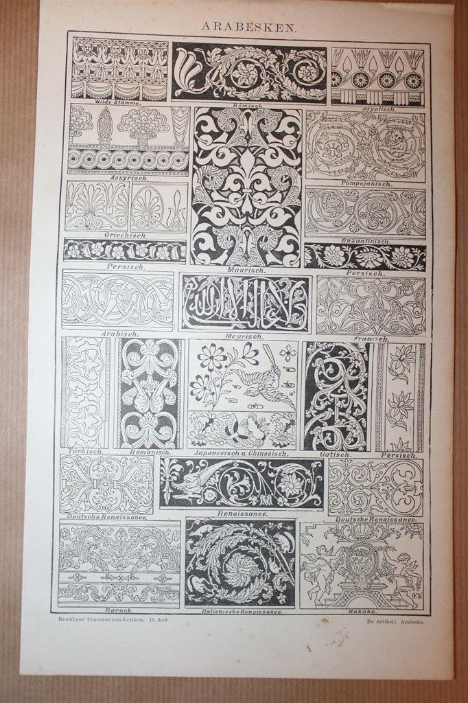 Antieke prent - Arabesken [architectuur] - Ca 1885 !!, Verzamelen, Foto's en Prenten, Gebruikt, Voor 1940, Ophalen of Verzenden