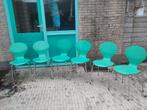 Zes Deense turkooise stapelbare stoelen., Huis en Inrichting, Stoelen, Ophalen of Verzenden, Gebruikt, Metaal, Vijf, Zes of meer stoelen