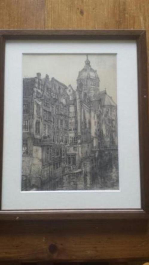 Gravure louis landre 1875-1952. Het kolkje te amsterdam, Antiek en Kunst, Kunst | Etsen en Gravures, Ophalen