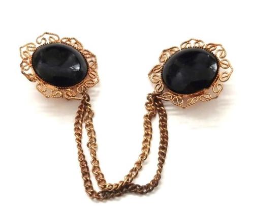 Vestsluiting dubbele broche met zwarte steen en 2 kettinkje, Sieraden, Tassen en Uiterlijk, Overige Accessoires, Zo goed als nieuw