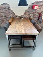 Industriële eettafel met 6 leren stoelen – Stoer & stijlvol!, Ophalen, 100 tot 150 cm, 200 cm of meer, Zo goed als nieuw