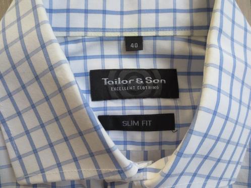 Tailor & Son overhemd, maat 40, slim fit, wit blauw geblokt, Kleding | Heren, Overhemden, Zo goed als nieuw, Halswijdte 39/40 (M)