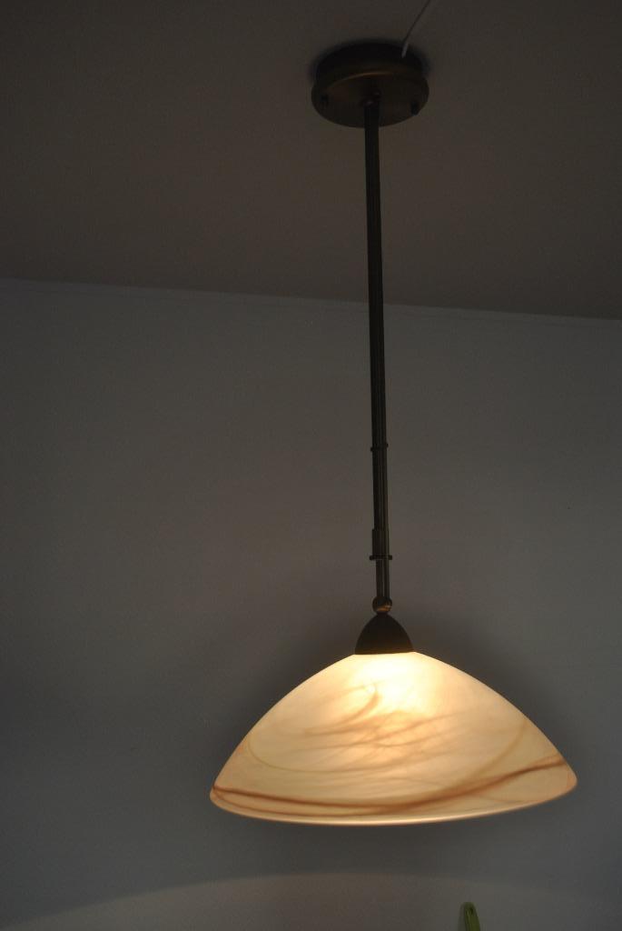 Hanglamp, messing, glas, in hoogte verstelbaar, dimbaar, Huis en Inrichting, Lampen | Hanglampen, Gebruikt, 75 cm of meer, Glas