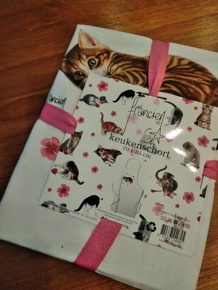 Poezen schort en trommel, Huis en Inrichting, Keuken | Textiel, Nieuw, Schort, Wit, Ophalen of Verzenden