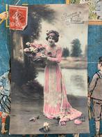 1910 Bonne Année - Dame in lange roze jurk, Ophalen of Verzenden, Voor 1920, Gelopen, Feest(dag)
