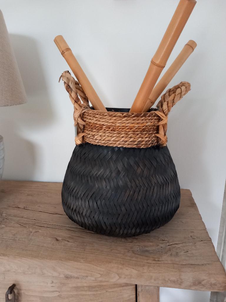 Grote Basket bamboe mand black., Overige materialen, Mand, Rond, Ophalen of Verzenden