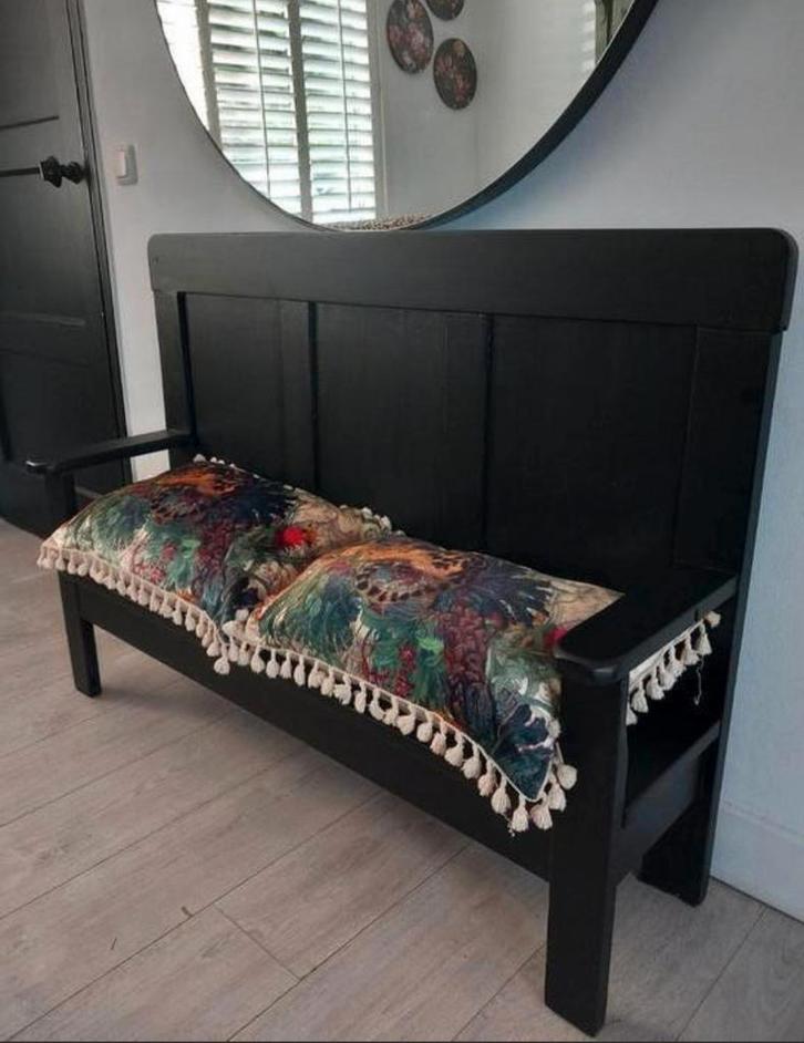 Antieke kinderbank, mat zwart gerestyled, Antiek en Kunst, Curiosa en Brocante, Ophalen