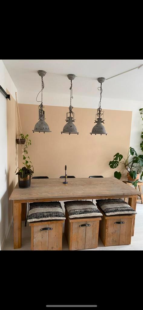 Industriële Hanglampen - Set van 3, Huis en Inrichting, Lampen | Hanglampen, Gebruikt, 75 cm of meer, Metaal, Ophalen of Verzenden