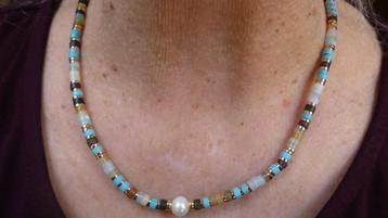 NIEUW Collier 18 kt Goud diverse Edelstenen en Akoya Parel beschikbaar voor biedingen