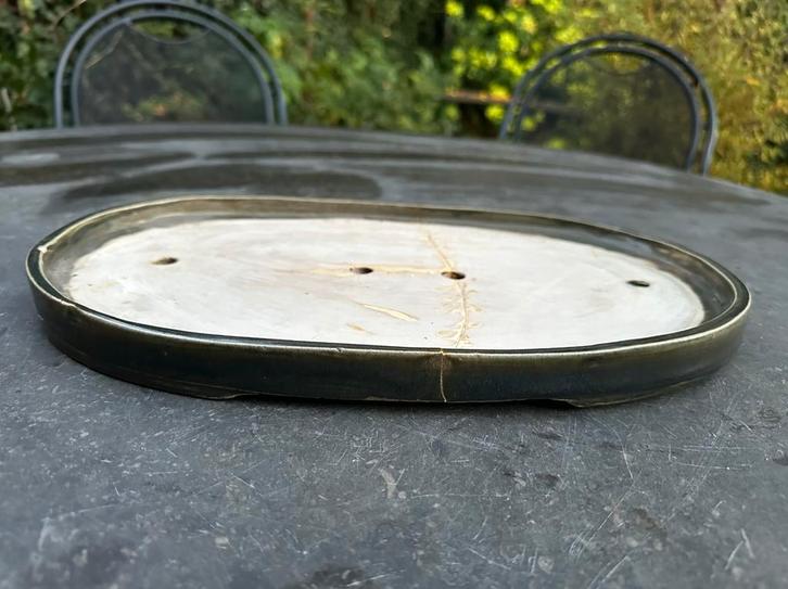 Donkergroene lage bonsaischaal handgemaakt, Tuin en Terras, Bloempotten, Gebruikt, Aardewerk, Binnen, Balkon, Tuin, Minder dan 40 cm