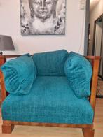 Turquoise fauteuil met houten frame, Hout, Gebruikt, Vintage, 75 tot 100 cm
