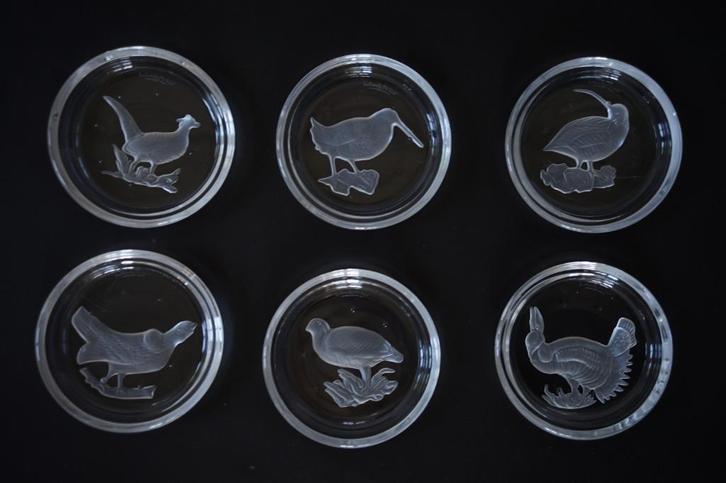 glas Set 6x Val St. Lambert onderzetter wildvogel geëtst, Huis en Inrichting, Woonaccessoires | Onderzetters, Gebruikt, Glas of Kopje