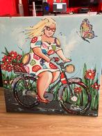 Kleurrijk Schilderij: Vrouw op Fiets, Antiek en Kunst, Ophalen of Verzenden