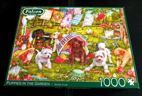 Falcon puzzel 1000 stukjes Puppies in the Garden Debbie Cook, Hobby en Vrije tijd, Denksport en Puzzels, Zo goed als nieuw, Legpuzzel