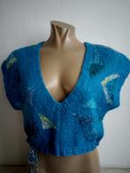 Turquoise handgebreide korte spencer pullover, Verzenden, Gedragen, Maat 36 (S), Blauw