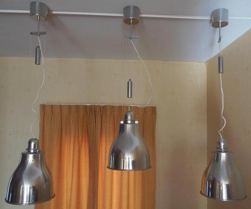3 SCHITTERENDE INDUSTRIE HANGLAMPEN IN HOOGTE VERSTELBAAR, Huis en Inrichting, Lampen | Hanglampen, Zo goed als nieuw, 75 cm of meer