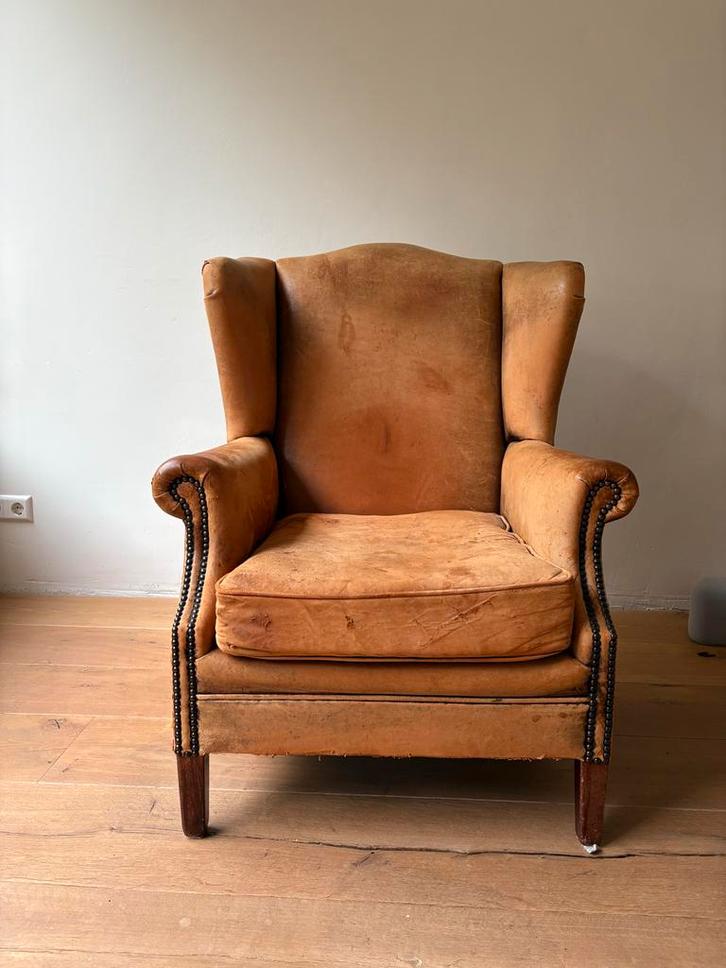 Schaapleer fauteuil - Opknapper, Huis en Inrichting, Fauteuils, Gebruikt, Leer, 75 tot 100 cm, Ophalen of Verzenden