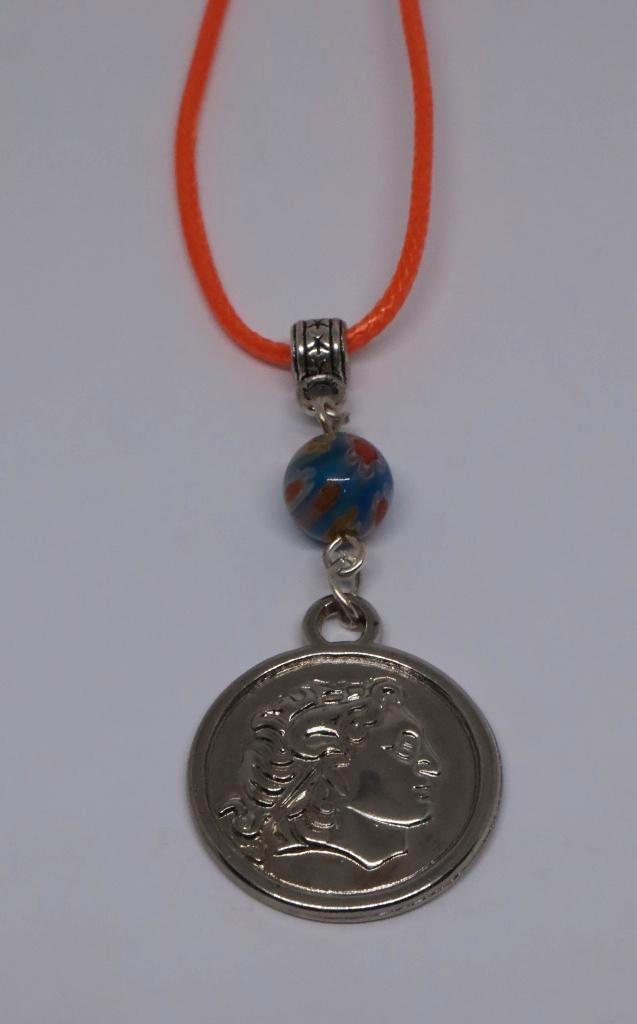 Oranje waxkoord ketting met munt hanger, Sieraden, Tassen en Uiterlijk, Kettingen, Nieuw, Overige materialen, Oranje, Met hanger