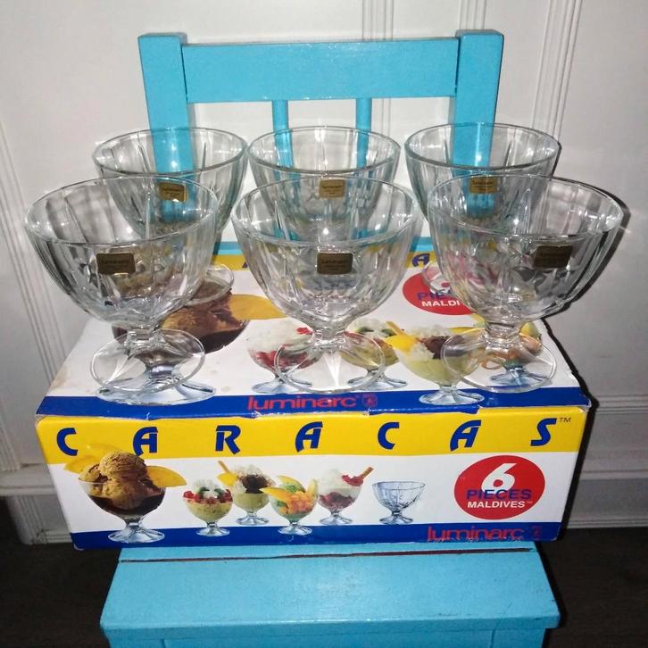 6 ijscoupes Luminarc Caracas Maldives in doos, Huis en Inrichting, Keuken | Servies, Zo goed als nieuw, Overige typen, Overige stijlen