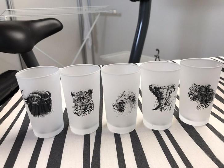 Set van 5 Glazen met wilde Dieren, Huis en Inrichting, Keuken | Servies, Zo goed als nieuw, Glas of Glazen, Overige stijlen, Glas
