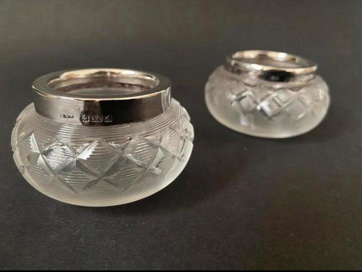 Antiek Kristal met Zilver Zoutpotjes, 1904, Antiek en Kunst, Antiek | Goud en Zilver, Zilver, Ophalen of Verzenden