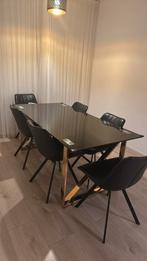 Zwarte glazen eettafel + 6 zwarte stoelen, Ophalen, Gebruikt, 50 tot 100 cm, Glas