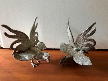 2 Verzilverde Kemphanen - Tafelstukken beschikbaar voor biedingen