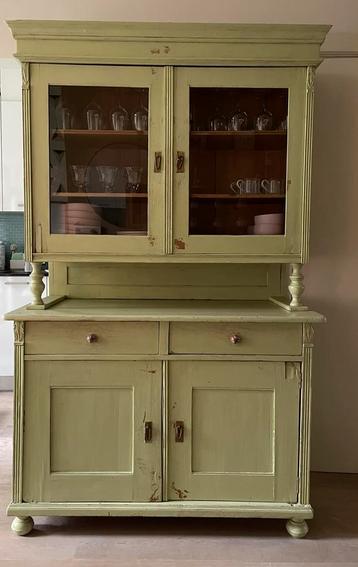 Brocante buffetkast keukenkast antiek/vintage vitrine groen beschikbaar voor biedingen