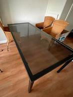 Eettafel donker glazen blad, staal zwart frame 185x85x74, 50 tot 100 cm, Glas, 150 tot 200 cm, Modern