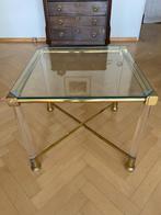 Vintage bijzettafel glas en messing 60x60, Minder dan 55 cm, Vierkant, Glas, Ophalen