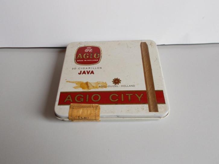 Sigarenblik - AGIO Java Agio City, Verzamelen, Rookartikelen, Aanstekers en Luciferdoosjes, Gebruikt, Tabaksdoos of Verpakking