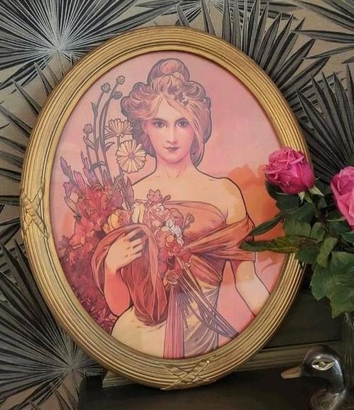 Antieke Lijst met Alphonse Mucha 'Lente', Antiek en Kunst, Kunst | Overige Kunst, Ophalen of Verzenden