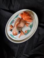 Vintage Keramische Schaal met Gouden Vis Deksel, Ophalen