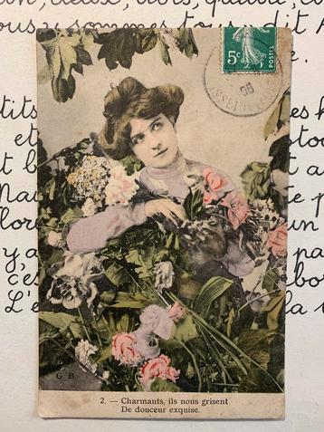 1908 Dame met heel veel bloemen beschikbaar voor biedingen