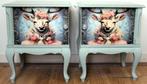 2 Groene, brocante nachtkastjes "Hert", Queen Ann, kastjes, Huis en Inrichting, 90 cm, Eenpersoons, Ophalen of Verzenden, Zo goed als nieuw