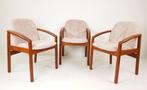 3 vintage Deense teakhouten stoelen roze ribstof nieuw, Overige kleuren, Drie, ., Ophalen of Verzenden