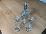 Vintage Blauw glazen decanteer/karaf met geëtst bloemmotief, Antiek en Kunst, Antiek | Glas en Kristal, Ophalen of Verzenden