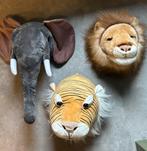 3 pluchen dierenkoppen – Leeuw, Tijger & Olifant, Ophalen, Zo goed als nieuw, Wanddecoratie