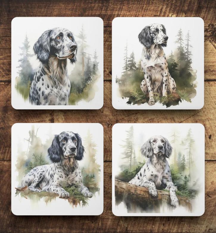 Engelse Setter Aquarel onderzetters met houder, Huis en Inrichting, Woonaccessoires | Onderzetters, Nieuw, Glas of Kopje, Ophalen of Verzenden