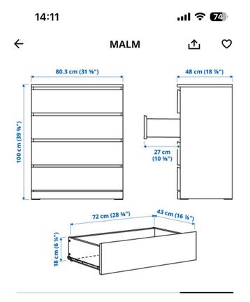2 stuks IKEA Malm witte ladekasten met 4 lades - afbeelding 3