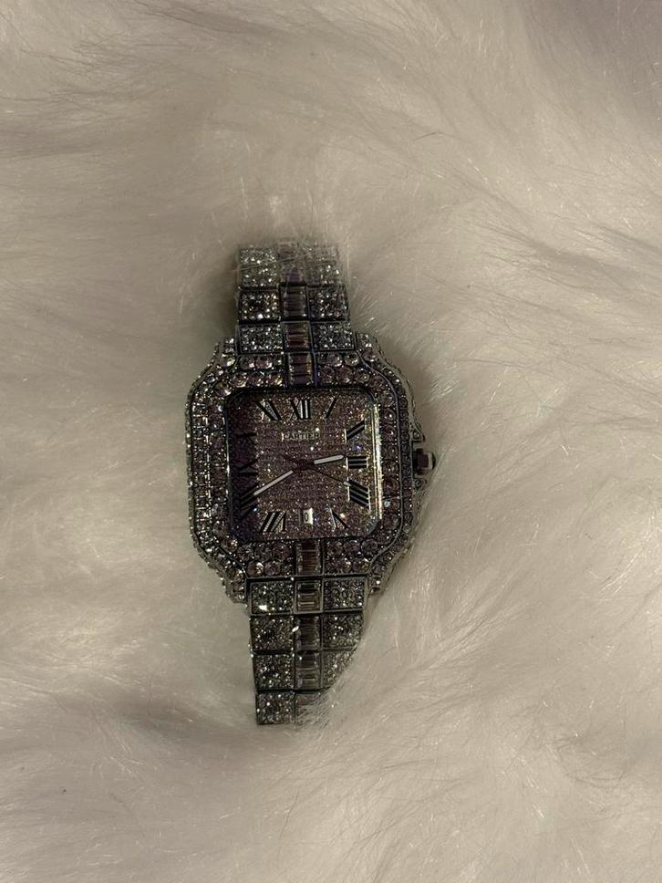 Moissanite Cartier iced out watch, Sieraden, Tassen en Uiterlijk, Horloges | Heren, Zo goed als nieuw, Staal, Ophalen