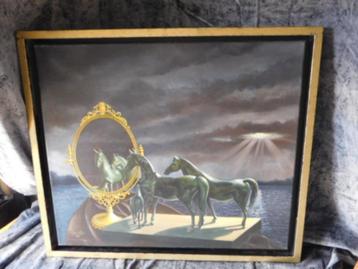 * Ingelijst schilderwerk van Cor Jacobi "Paarden in spiegel" beschikbaar voor biedingen