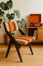 Leuke Vintage Z-stoel jaren ’70 – oranje/bruin gestreept, Ophalen, Hout, Gebruikt, Bruin