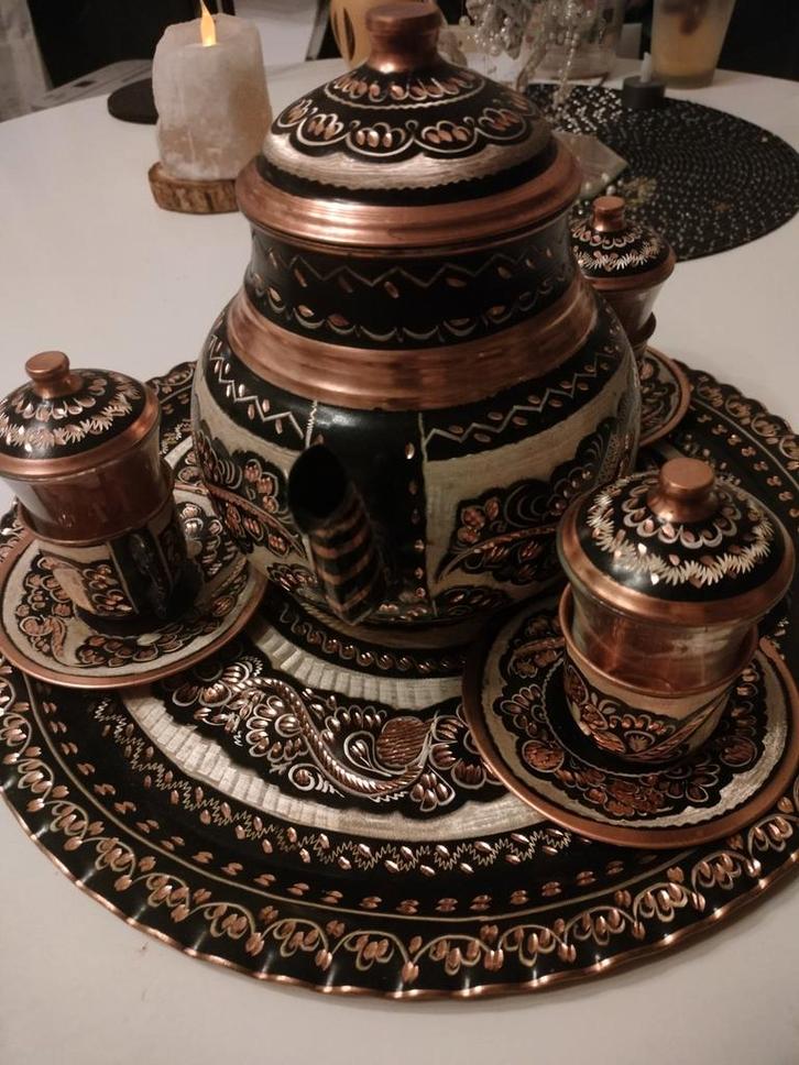 Zilver & Koper Thee/Koffie Set - 9 Delig, Huis en Inrichting, Keuken | Servies, Zo goed als nieuw, Compleet servies, Overige stijlen