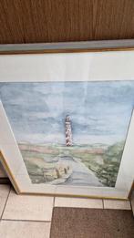 groot schilderij aquarel in lijst vuurtoren, Ophalen of Verzenden, Zo goed als nieuw, Schilderij, 75 tot 100 cm