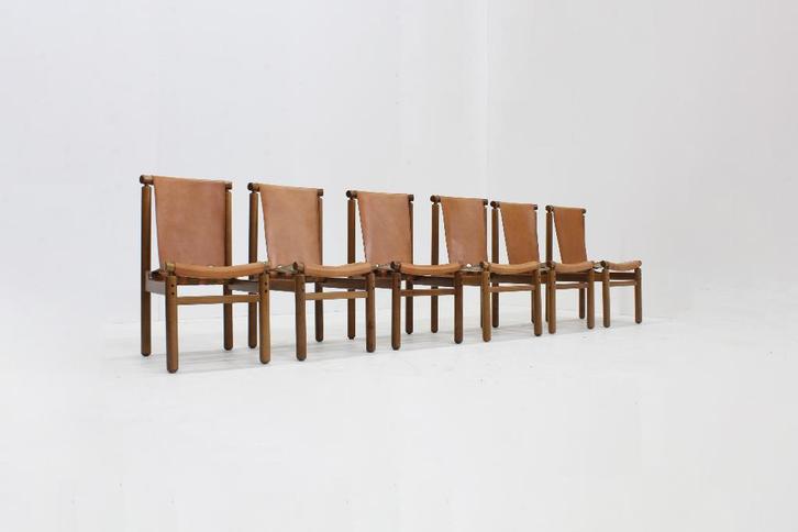 Vintage Italiaanse leren eetkamerstoelen Ilmari Tapiovaara, Huis en Inrichting, Stoelen, Zo goed als nieuw, Vijf, Zes of meer stoelen
