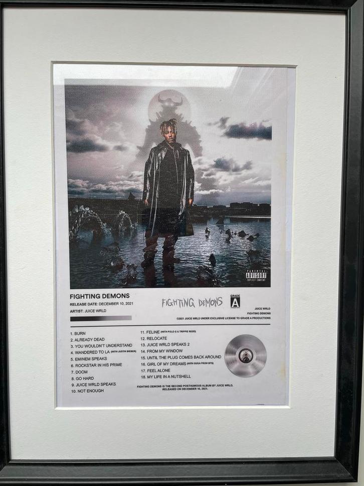 Juice WRLD - Fighting Demons Poster met Lijst, Verzamelen, Posters, Zo goed als nieuw, Film en Tv, A1 t/m A3, Met lijst, Ophalen of Verzenden