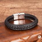 Heren zwarte leren armband (leder lederen gevlochten), Verzenden, Nieuw, Zwart, Leer