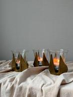 Vintage set van 3 messing & glazen waxinelichthouders h9cm, Ophalen of Verzenden, Koper of Brons