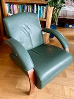 Donkergroen leren fauteuil, Huis en Inrichting, Fauteuils, Ophalen, Gebruikt, 75 tot 100 cm, Midcentury modern (jaren 70 stijl)